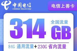 电信上善卡 29元月租含84G通用+230G定向流量