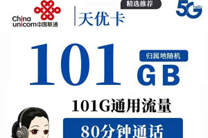 联通天优卡 29元月租101G通用流量+80分钟语音