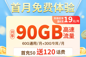 移动19元宝藏卡 19元月租60G通用+30G定向【实惠套餐】