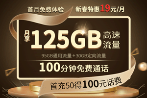 电信星辉卡 19元月租95G通用+30G定向+100分钟语音