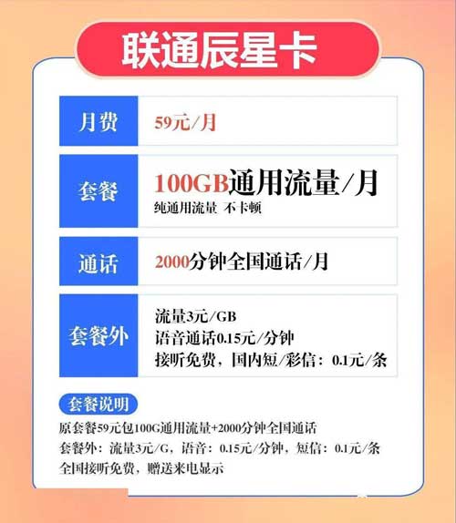 联通套餐语音2000分钟,59元包100G流量+2000分钟通话