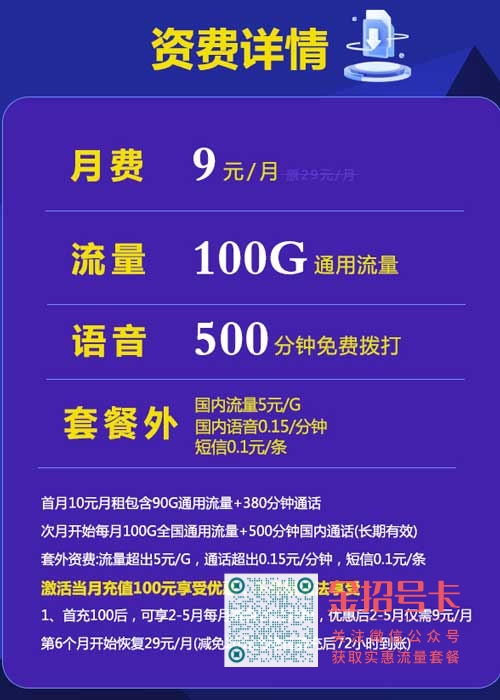 手机号码卡最便宜套餐，联通9元100G+500分钟沧尊卡