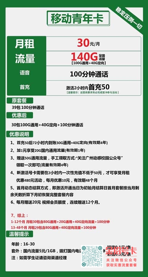 移动青年卡，30元包100G通用+40G定向+100分钟+视频会员