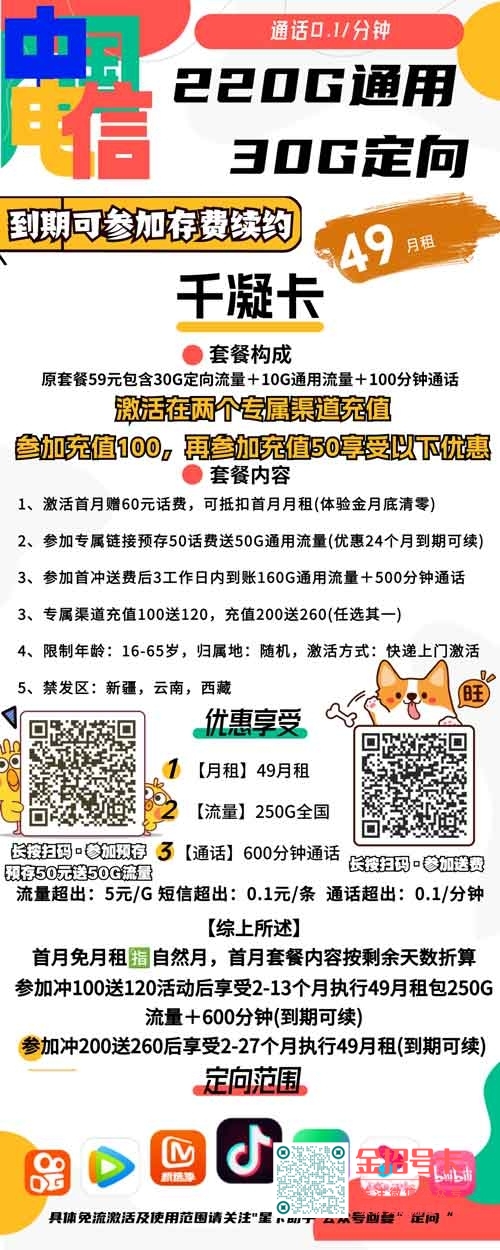 电信千凝卡49元包220G通用+30G定向+600分钟通话
