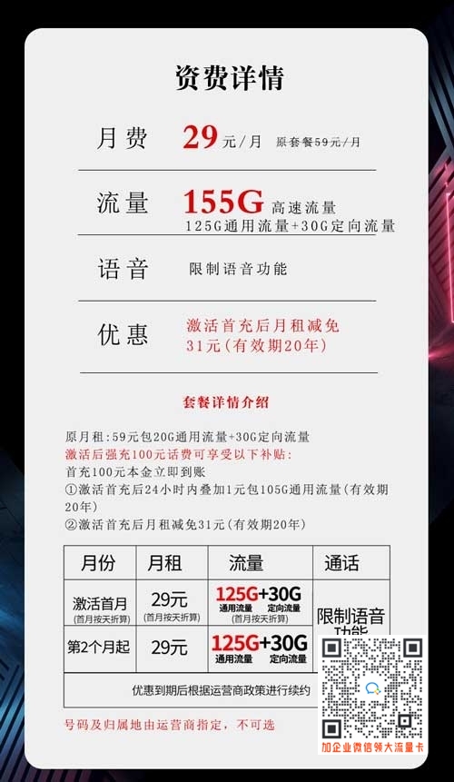 河南星电信纱灯卡29元155G流量套餐介绍